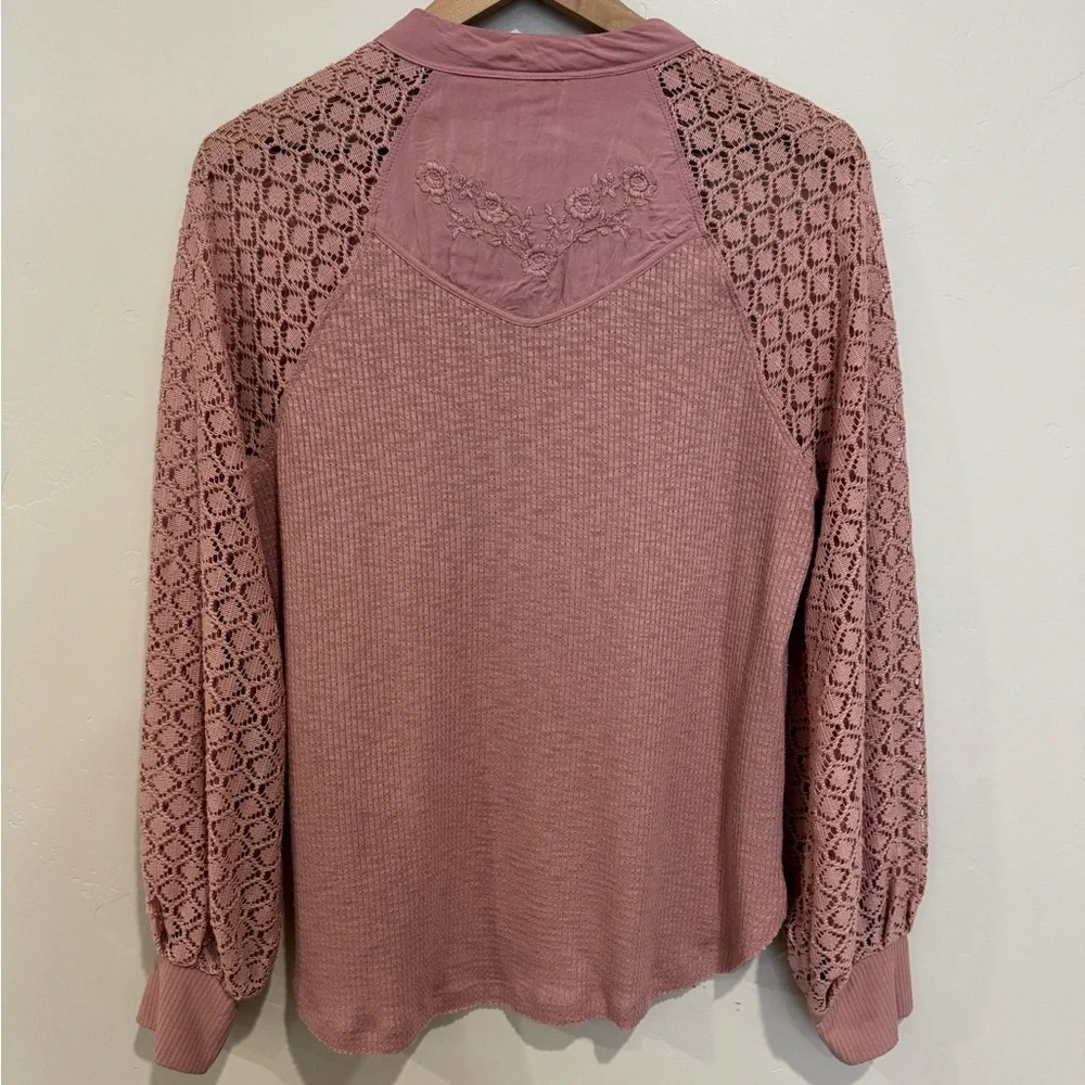 Free People Sweetest Thing Lace Sleeve Thermal‎ Boho Top In Dusty Rose M Flaw
